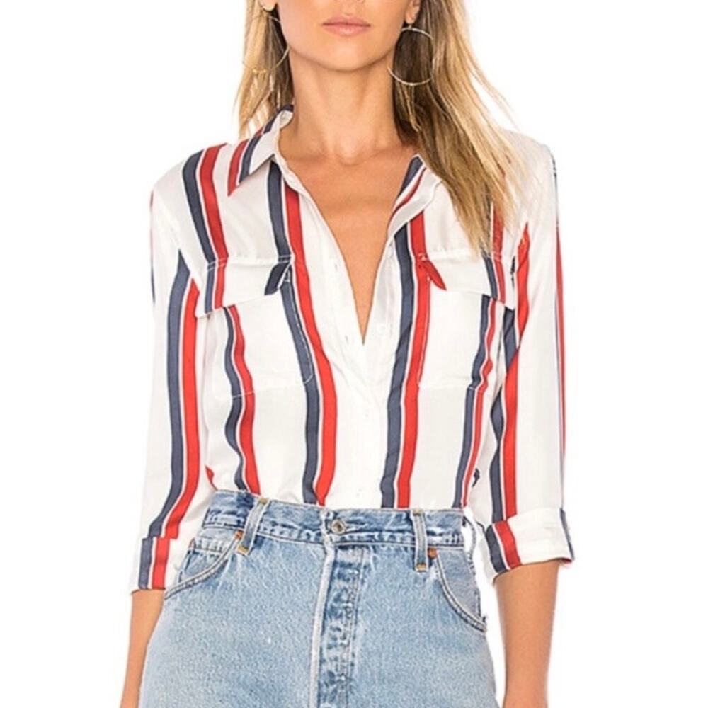 Equipment White Button-Up Blouse with Red & Navy Stripes